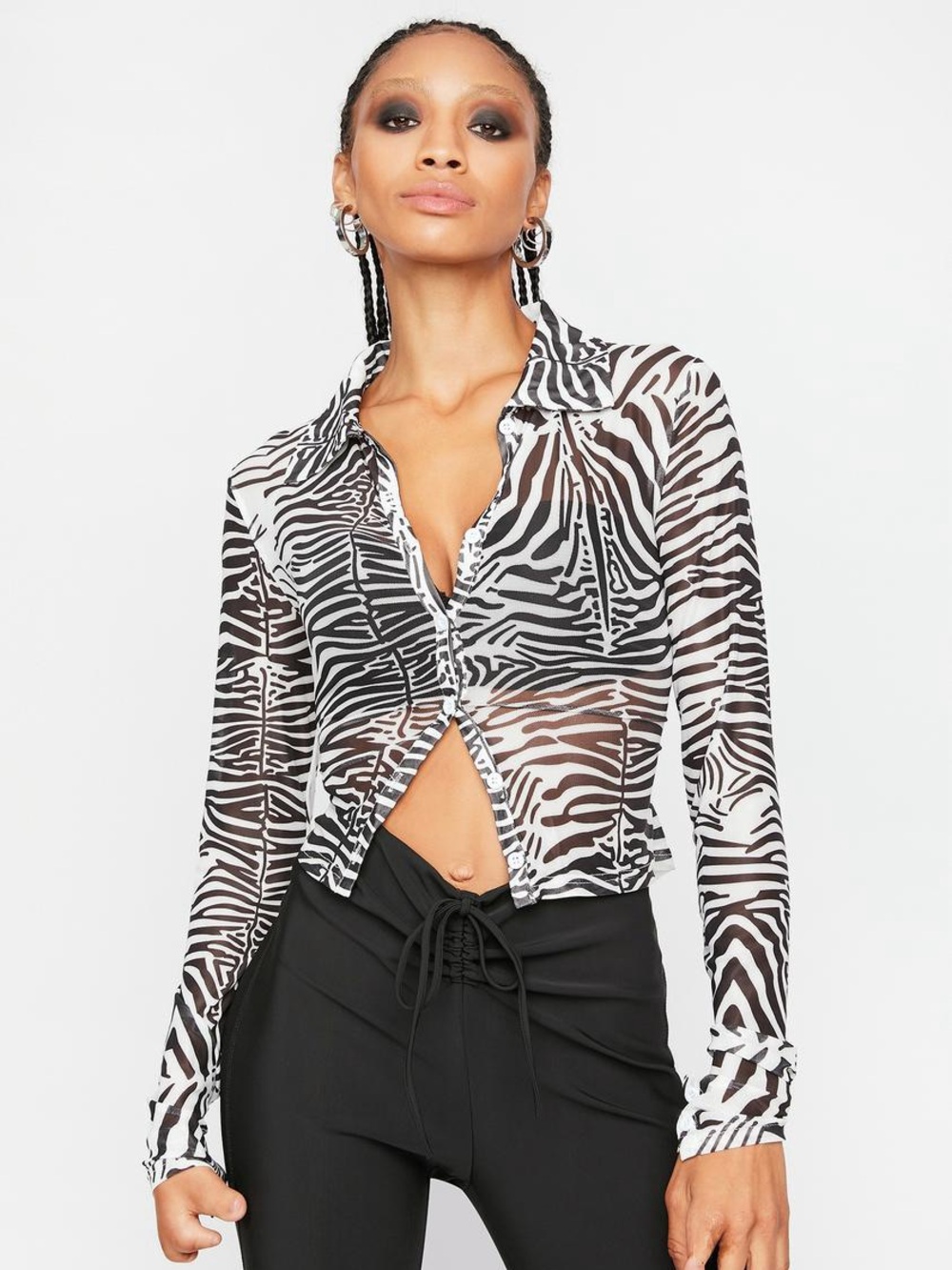 NWT Lioness Sheer Zebra Print Button-Front Shirt - Black & White Size Medium